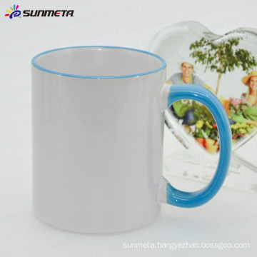 Sunmeta hot sell 11oz rim and handle color blank sublimation mug, sublimation coated mug